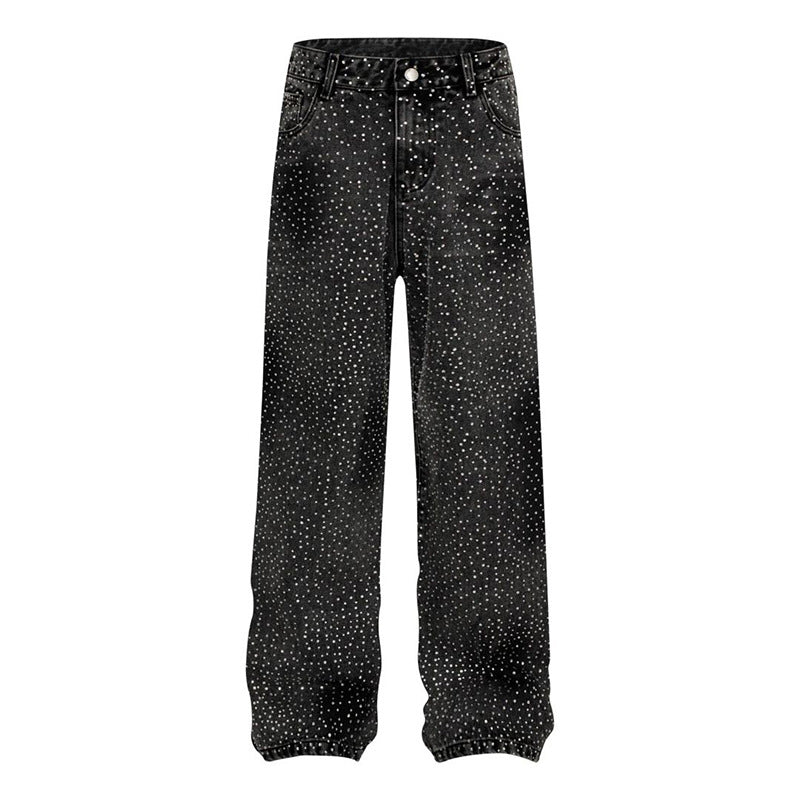 Damen Weite High‑Waist Denim‑Palazzo‑Jeans mit Allover‑Strass und Gummizugsaum Drune