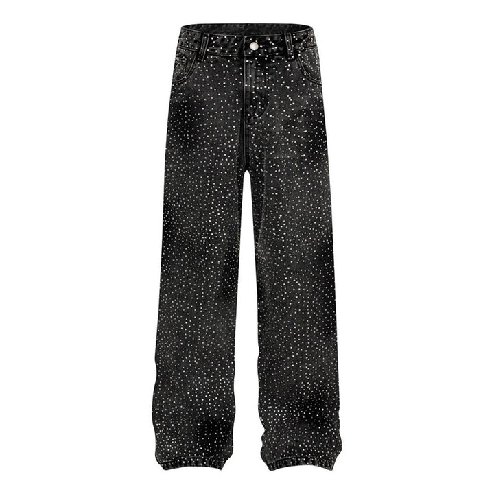 Damen Weite High‑Waist Denim‑Palazzo‑Jeans mit Allover‑Strass und Gummizugsaum Drune