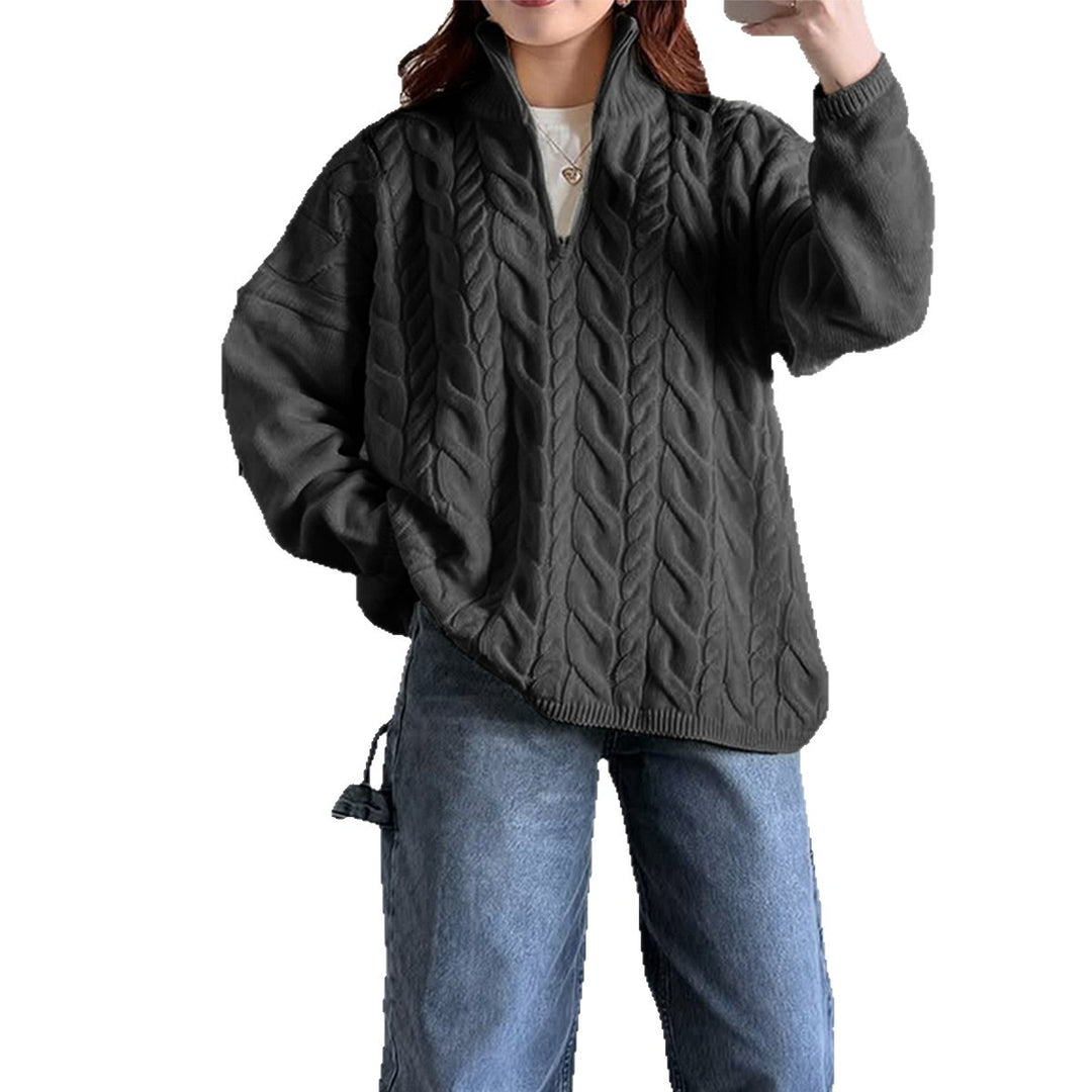 Damen nan oversized Zopfmuster-Troyer mit halbem Reißverschluss, hohem Stehkragen und gerundetem Saum Drune