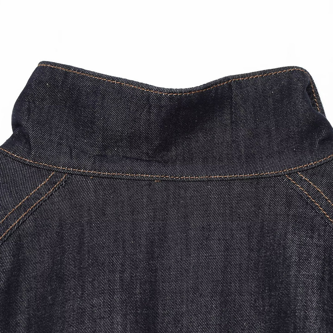 Damen Cropped Jeansjacke mit Taillengürtel, Stehkragen und Ballonärmeln Drune