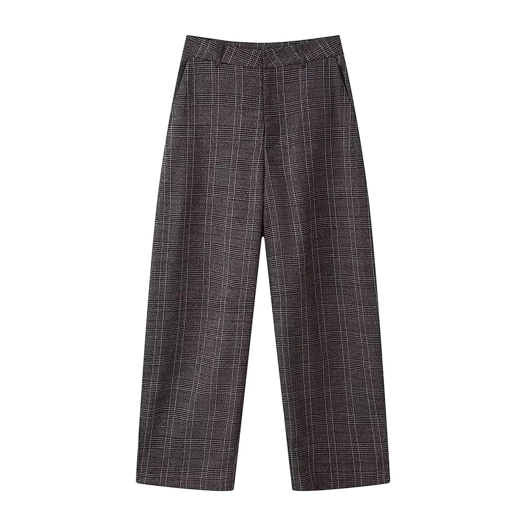 Damen nan hochtaillierte Glencheckweite Hose mit Bügelfalte und geradem Bein Drune