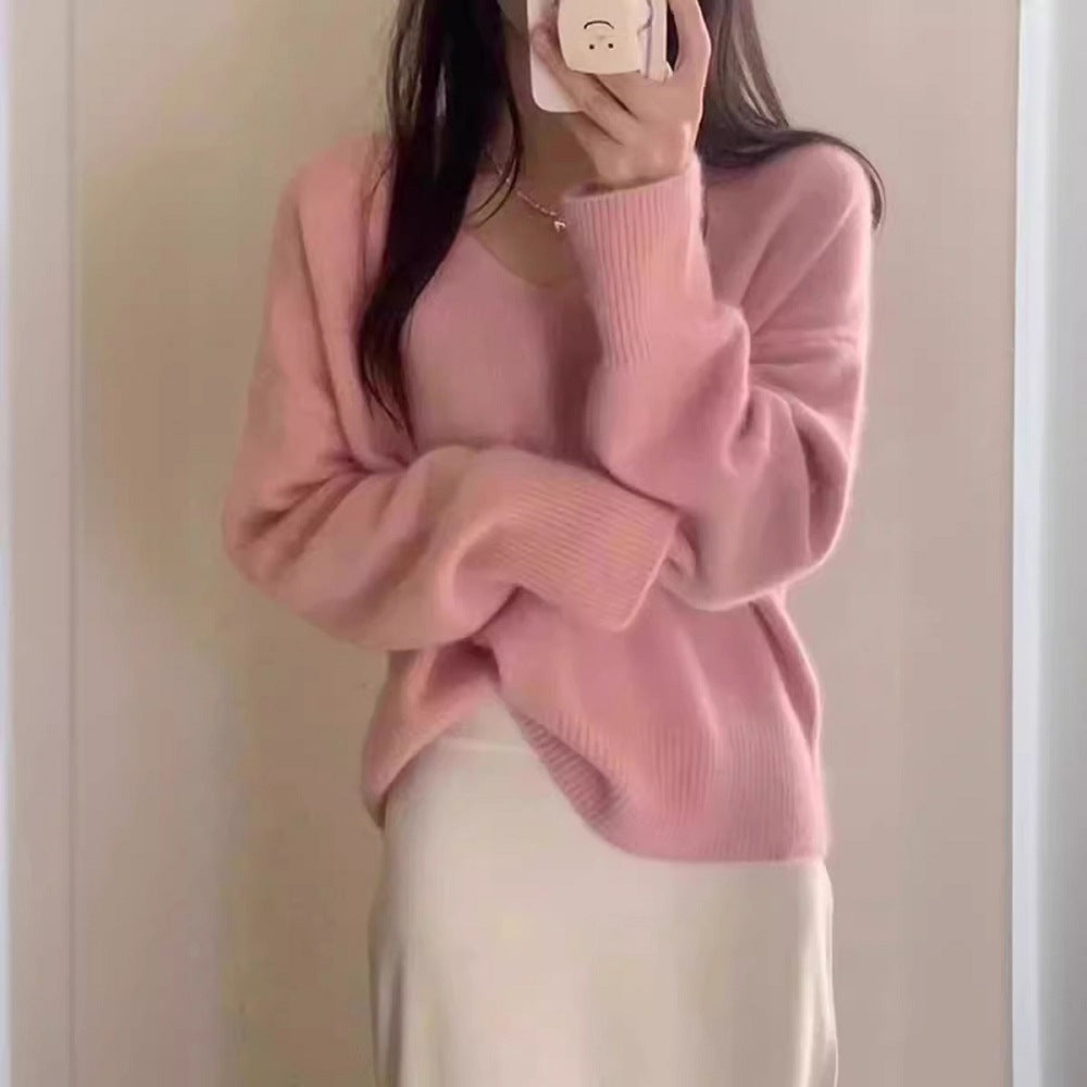 Damen Eleganter V-Ausschnitt Pullover mit Rippstruktur und lässigem Schnitt Drune