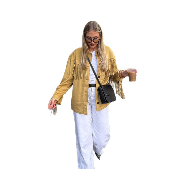 Damen Oversize Fransenjacke im Westernstil aus Veloursleder-Optik mit Hemdkragen Drune