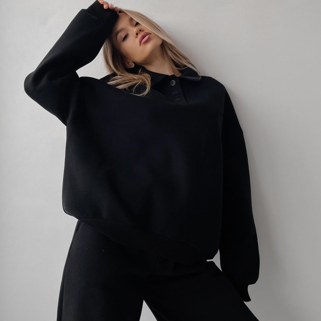 Damen Polo-Sweatshirt und Relax-Fit Jogginghose Set aus French Terry Drune