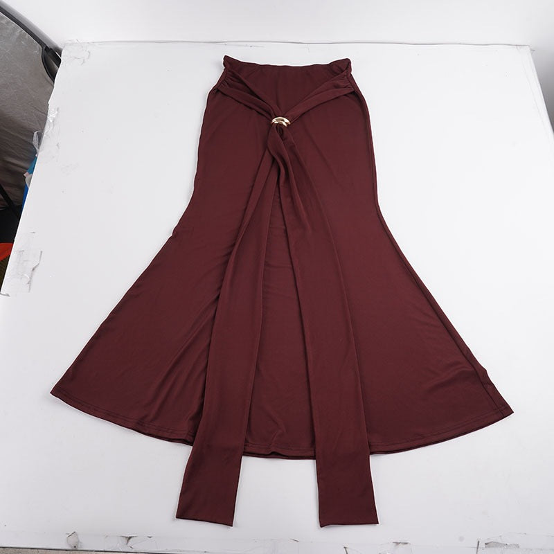 Damen Maxirock mit High‑Waist Wickeldetail, Drapée‑Vorderteil und Metallring Drune
