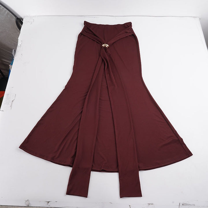 Damen Maxirock mit High‑Waist Wickeldetail, Drapée‑Vorderteil und Metallring Drune