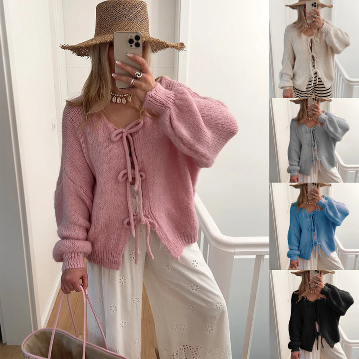 Damen Kuscheliger Strickcardigan mit dekorativen Bindebändern Drune