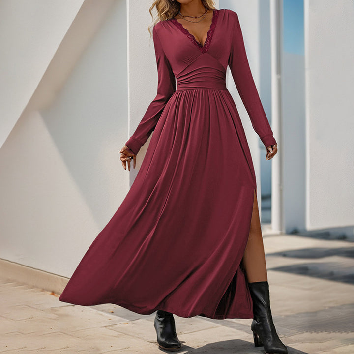 Damen Elegantes Maxikleid mit V-Ausschnitt und hohen Schlitz Drune