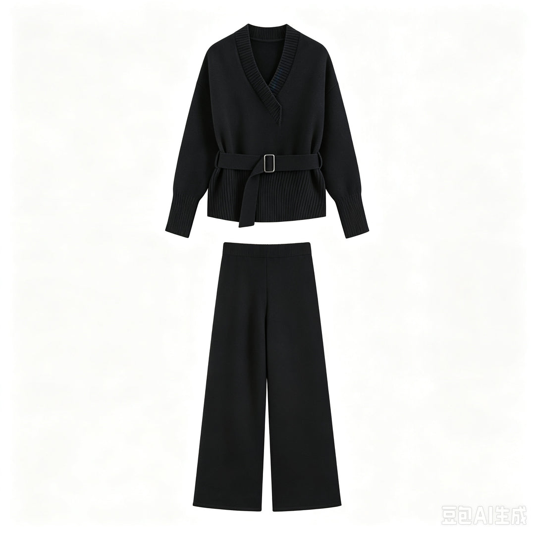 Damen Strick-Set mit V‑Ausschnitt, Taillengürtel und weiten Culotte-Hosen Drune