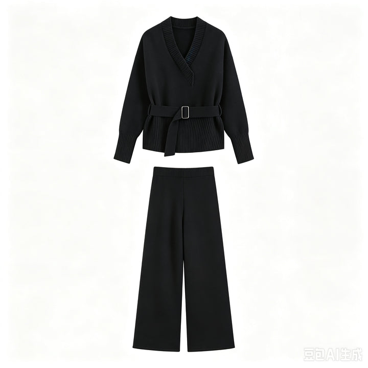 Damen Strick-Set mit V‑Ausschnitt, Taillengürtel und weiten Culotte-Hosen Drune