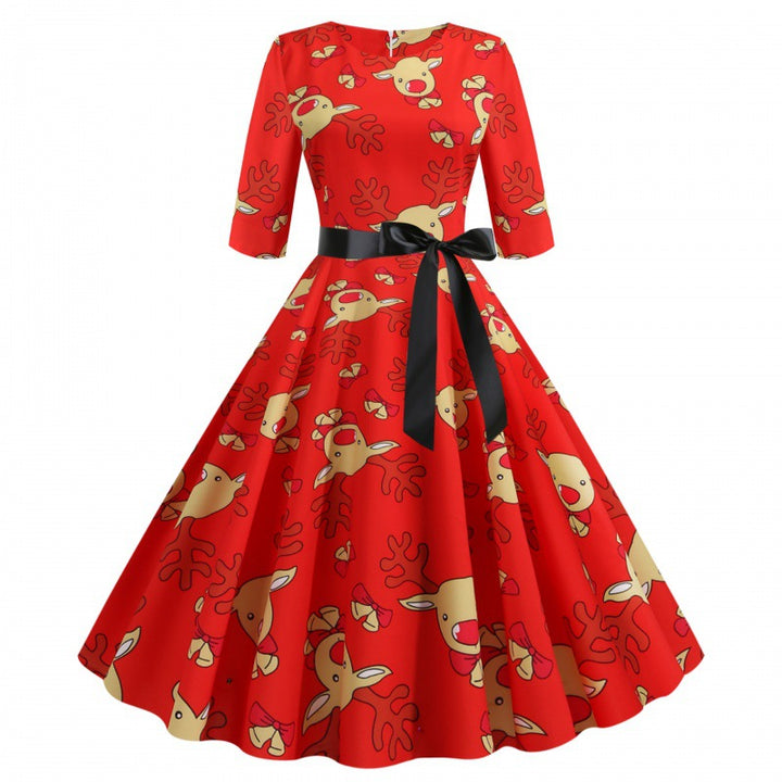Damen Swingkleid mit fröhlichem Rentierdesign und taillierter Silhouette Drune