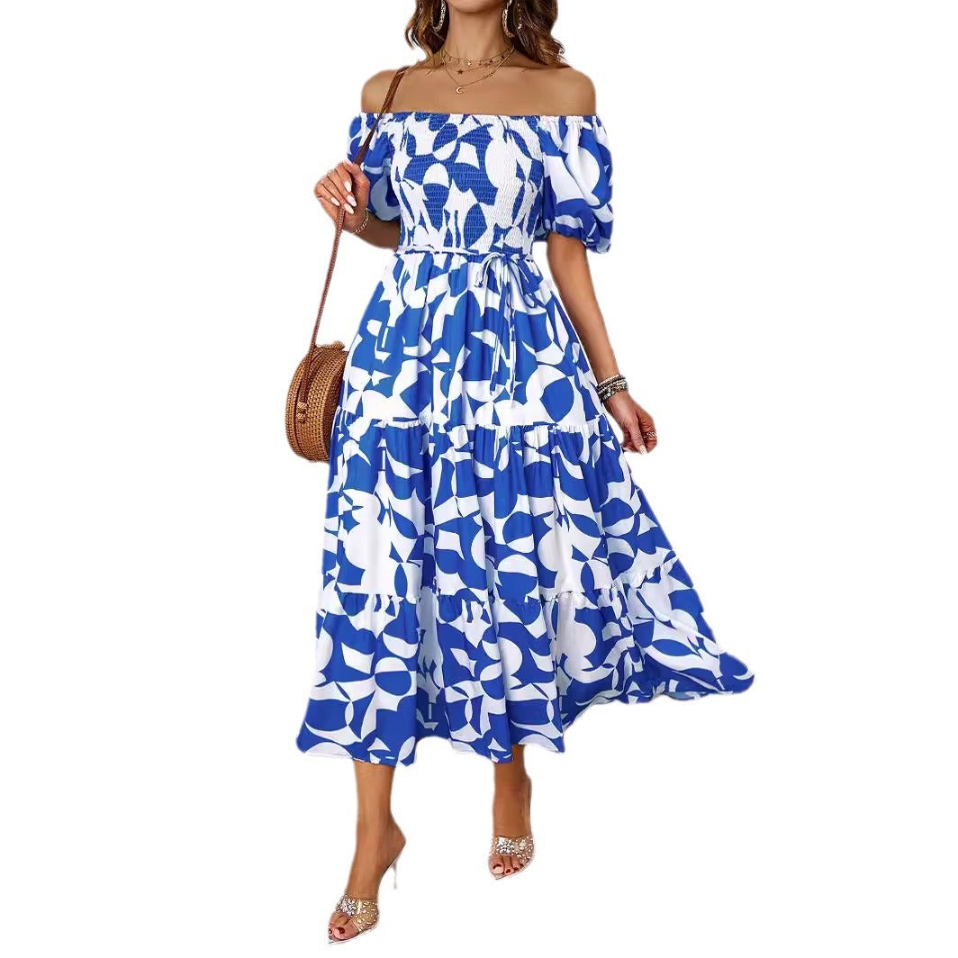 Damen Off-Shoulder Maxikleid mit voluminösen Ärmeln und print Drune