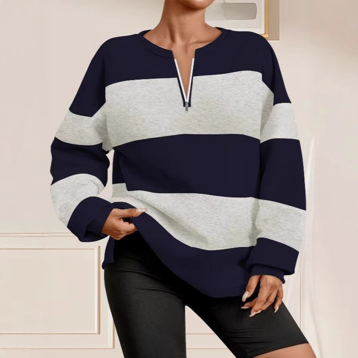 Damen modischer Sweatpullover mit Reißverschluss und gestreiftem Design Drune