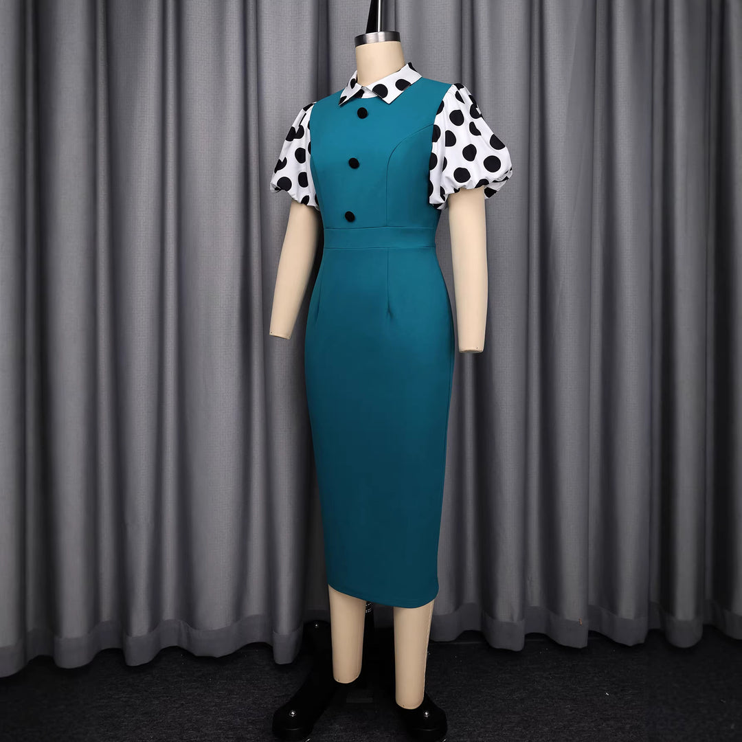 Damen figurbetontes Kleid mit Puffärmeln und Vintage-Kragen Drune