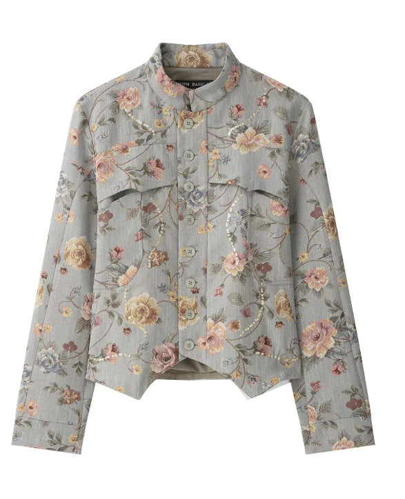 Damen Kurze Jacquard‑Blousonjacke mit Stehkragen, floraler Jacquard‑Stickerei und Pattentaschen Drune