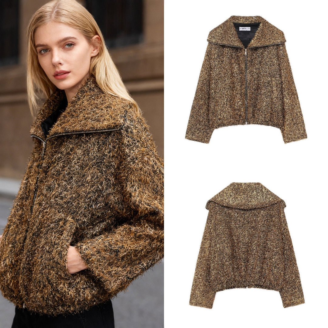 Damen Glitzernde Bouclé-Zipjacke mit weitem Kragen und cropped Boxy‑Schnitt Drune
