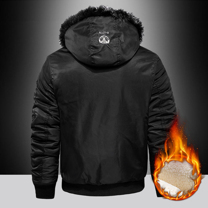 Herren Wattierter Pilotenbomber mit Teddyfleece‑Innenfutter, Kunstfellkapuze und Utility‑Taschen Drune