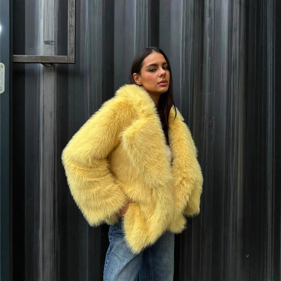Damen Kurzer Oversize Kunstpelz-Mantel mit voluminösem Schalkragen Drune