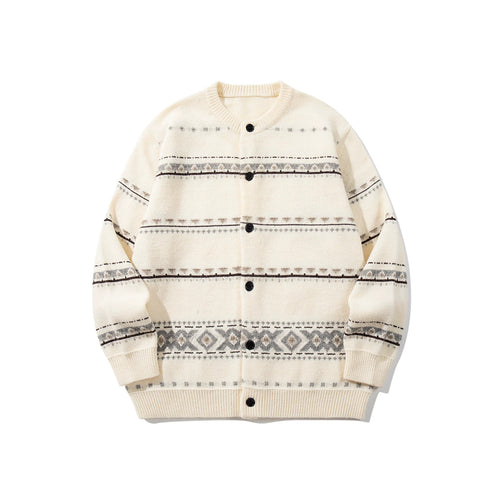 Unisex Strukturierte Jacquard-Strickjacke mit Rundhalsausschnitt, Oversize-Passform und Knopfleiste Drune