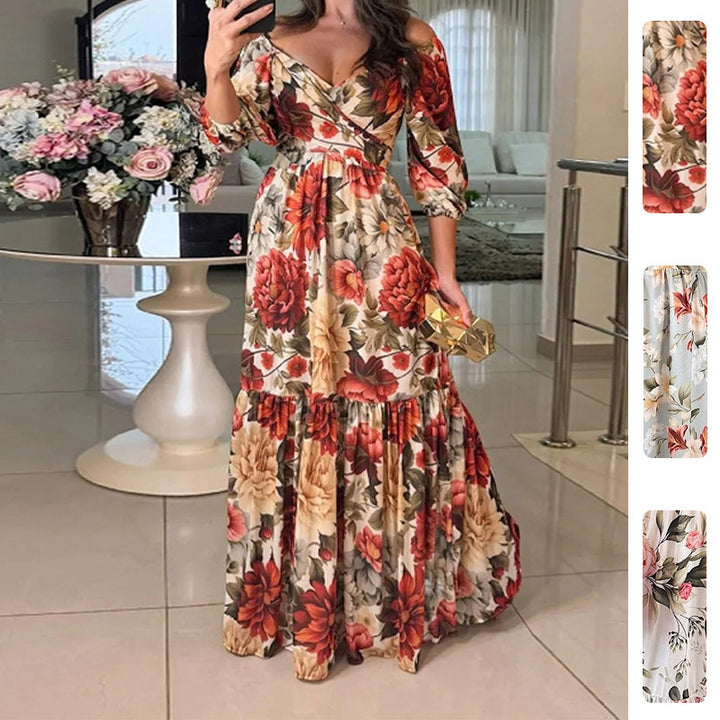 Damen Florales Maxikleid mit schulterfreiem Design und Rüschensaum Drune