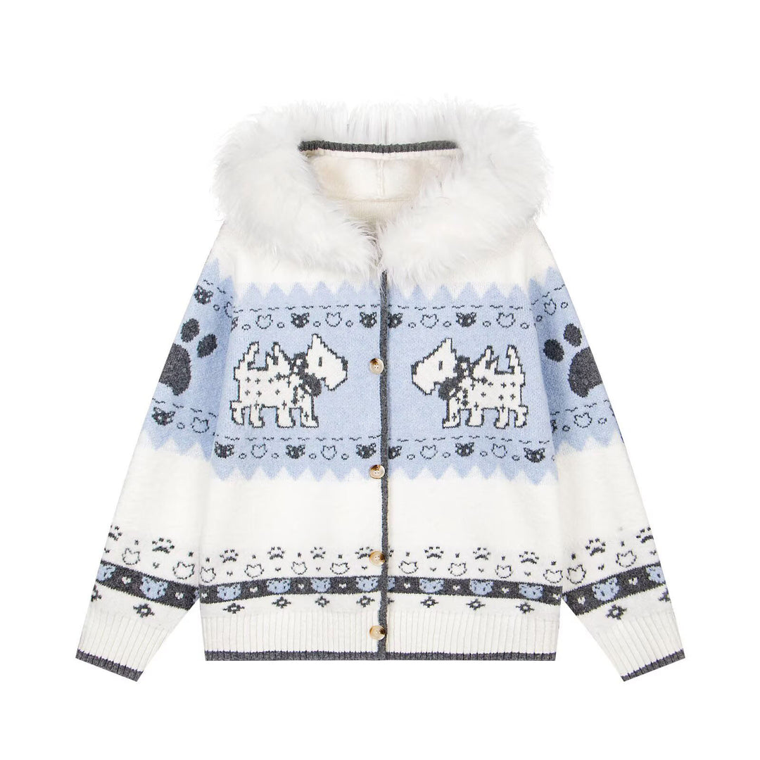 Damen Gemütliche Strickjacke mit Tiermuster und Pelzkragen Drune