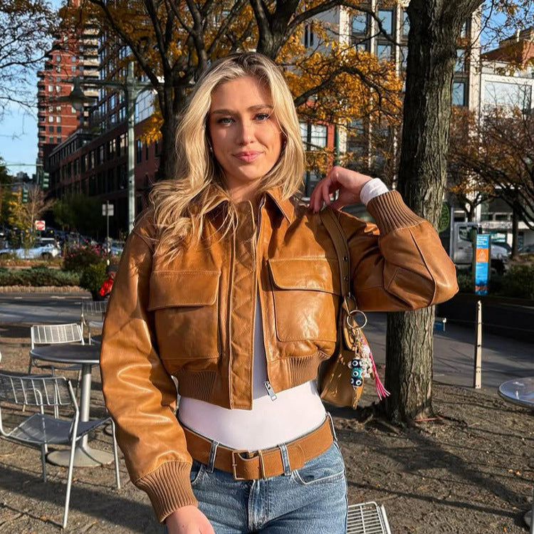 Damen Kurze Lederoptik-Blousonjacke mit großen Pattentaschen und geripptem Bund Drune