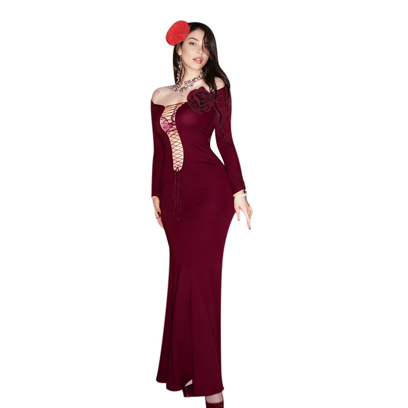 Damen figurbetontes Maxikleid mit Schnürung und floralem Detail Drune