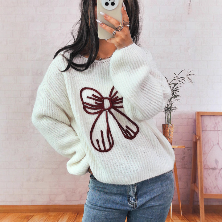 Damen Grobstrickpullover mit verspieltem Schleifenmotiv Drune
