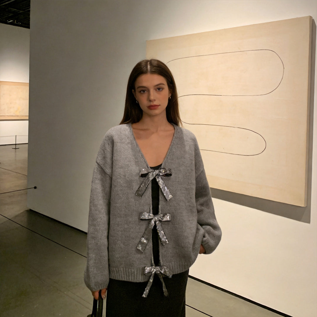 Damen Grobstrick‑Cardigan mit Pailletten‑Schleifen und V‑Ausschnitt Drune