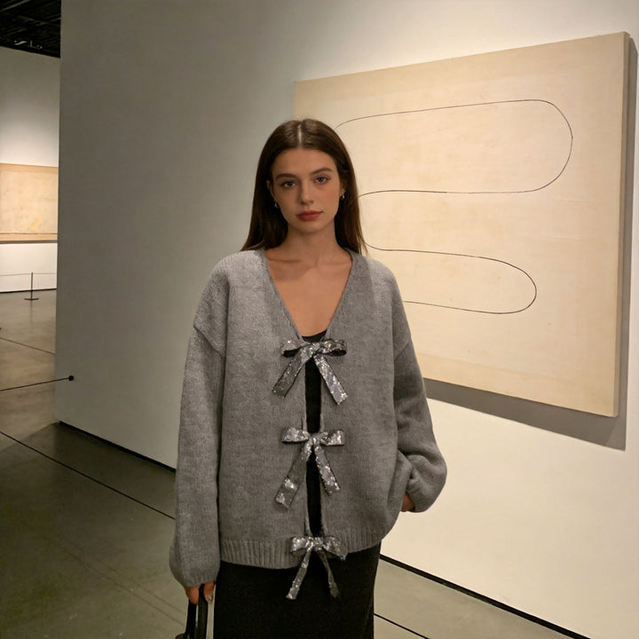 Damen Grobstrick‑Cardigan mit Pailletten‑Schleifen und V‑Ausschnitt Drune