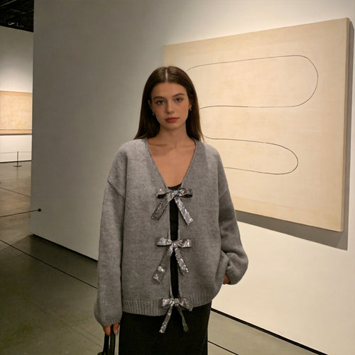 Damen Grobstrick‑Cardigan mit Pailletten‑Schleifen und V‑Ausschnitt Drune