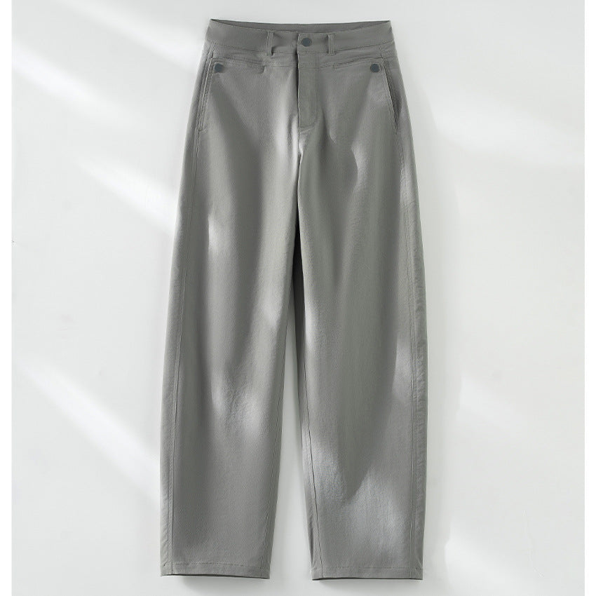 Damen hochtaillierte weite Stoffhose mit geradem Bein, Komfortbund und Eingrifftaschen Drune