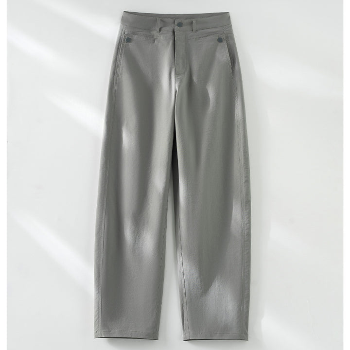 Damen hochtaillierte weite Stoffhose mit geradem Bein, Komfortbund und Eingrifftaschen Drune