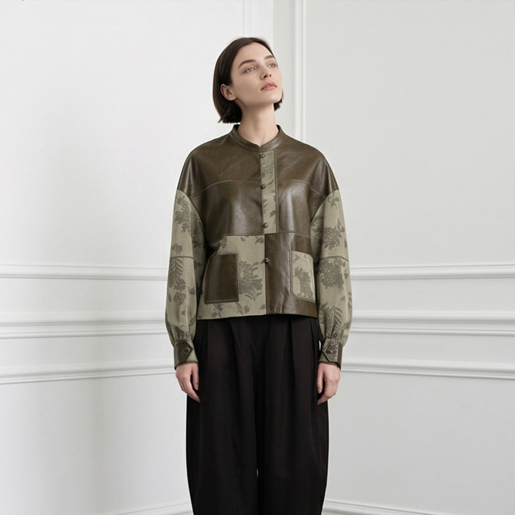 Damen Kurzjacke aus Lederoptik und Jacquard mit Stehkragen Drune