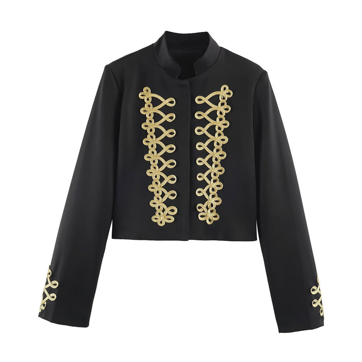 Damen Kurzjacke im Militärstil mit goldener Zierborte und Stehkragen Drune