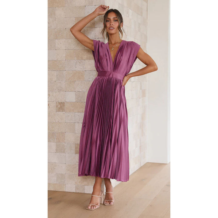 Damen Plissiertes Maxikleid mit tiefem V-Ausschnitt und fließendem Schnitt Drune