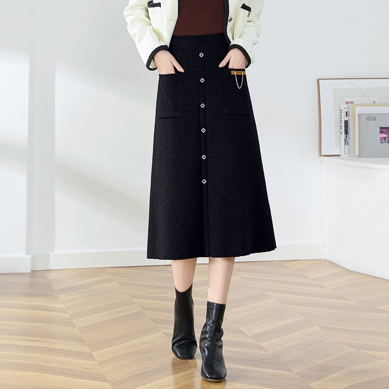 Damen Eleganter, gefütterter Knopf-Midirock Drune