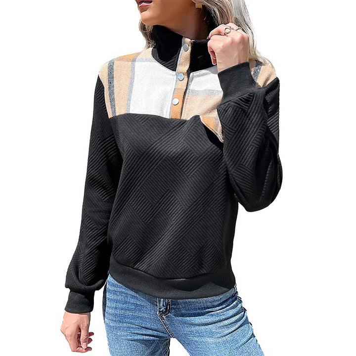 Damen Stepp-Sweatshirt mit Karodetail, Knopfblende und geripptem Bund Drune