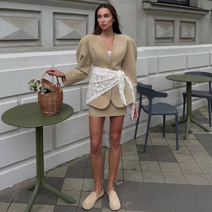 Damen modisches Blazer-Kleid mit hochgeschlossenem Kragen und Rüschendetails Drune