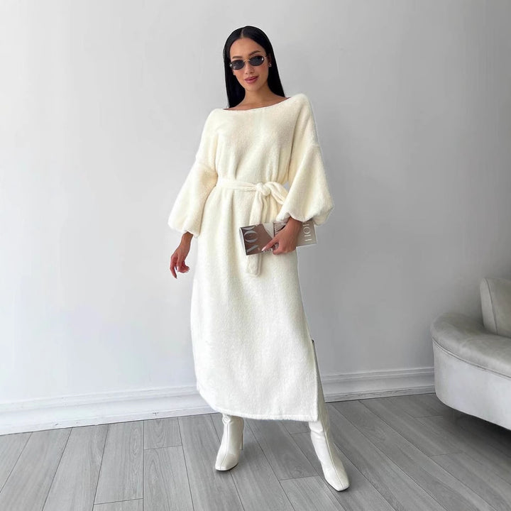 Damen Kuschel-Midikleid mit Bindegürtel und Ballonärmeln Drune