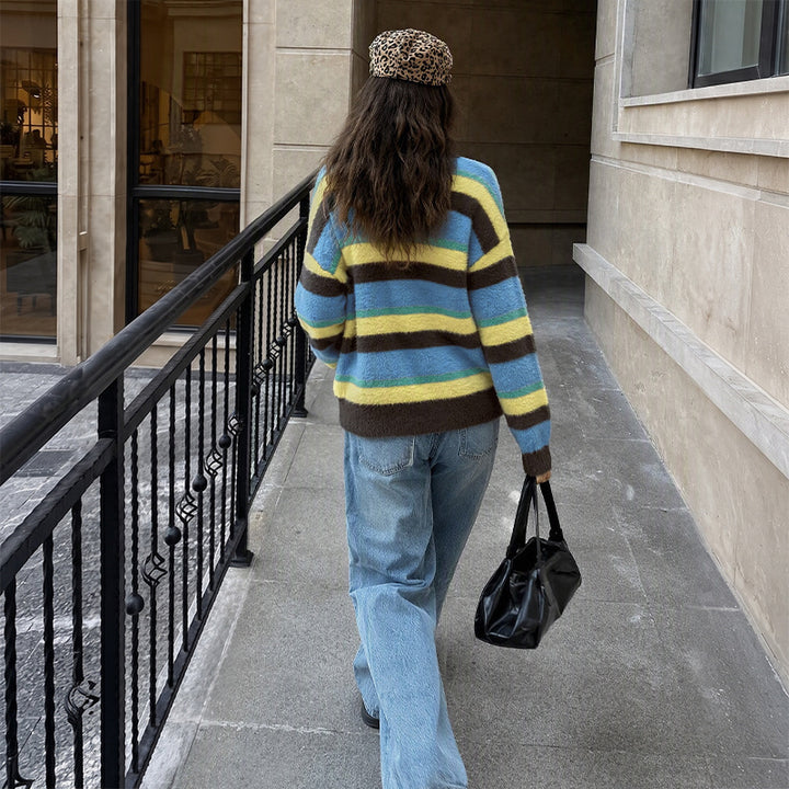 Damen Lässig gestrickter Pullover mit buntem Streifenmuster Drune