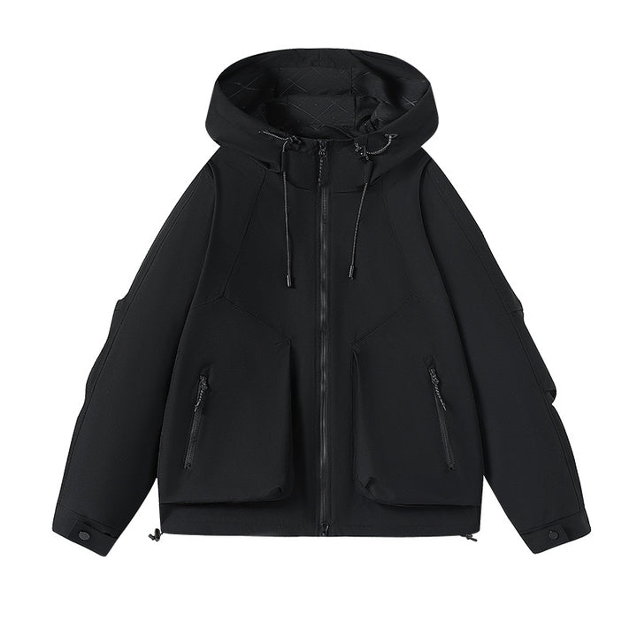 Herren technische Softshell-Kapuzenjacke mit wasserabweisender Membran, großen Fronttaschen und verstellbarem Kordelzug Drune