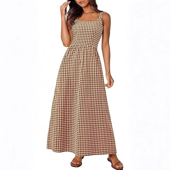 Damen Maxikleid im klassischen Karomuster mit verstellbaren Trägern und elastischem Bund Drune