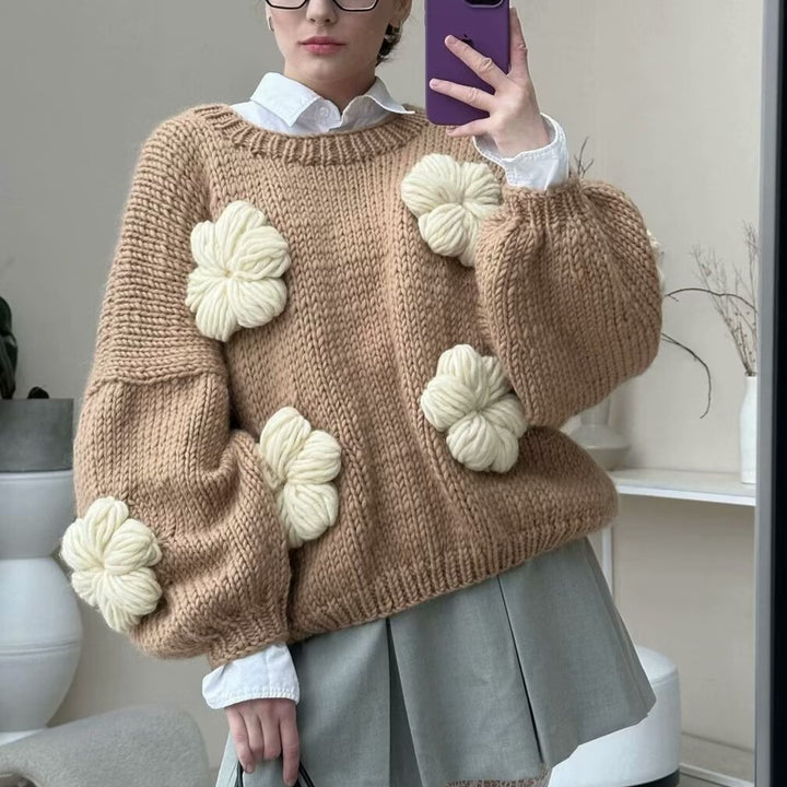 Damen gepunkteter Strickpullover mit voluminösen Ärmeln und floralem Design Drune