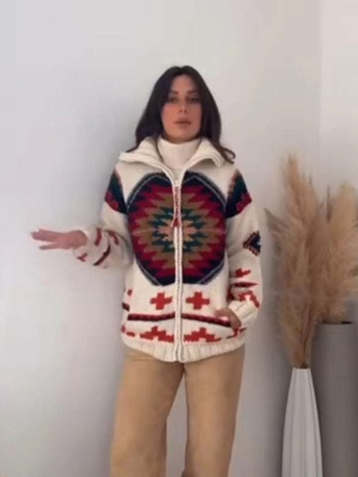 Damen Jacquard-Strickjacke mit Navajo‑Muster, Reißverschluss und hohem Kragen Drune
