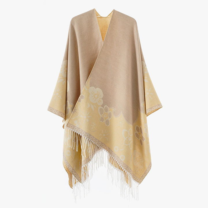 Damen Überwurfponcho im Kimono‑Stil aus Jacquardstrick mit floralem Bordürenmotiv und Fransensaum Drune
