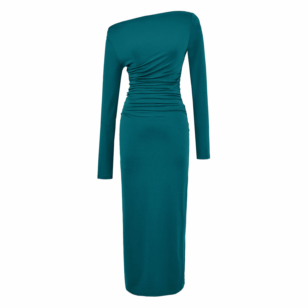 Damen Einschulter-Midikleid mit Langarm und seitlicher Raffung Drune