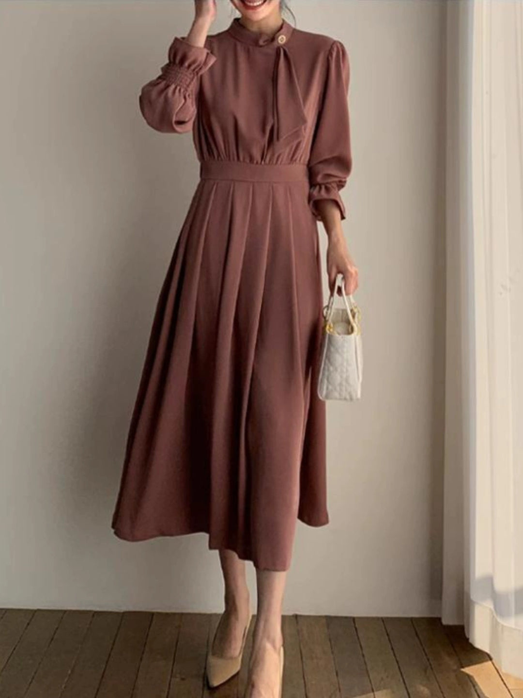 Damen Midikleid mit Stehkragen, Schleifenblende und geraffter Taille Drune