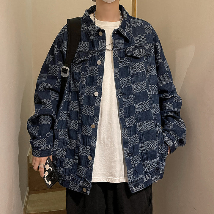 Herren Modische Denimjacke mit Karomuster Drune