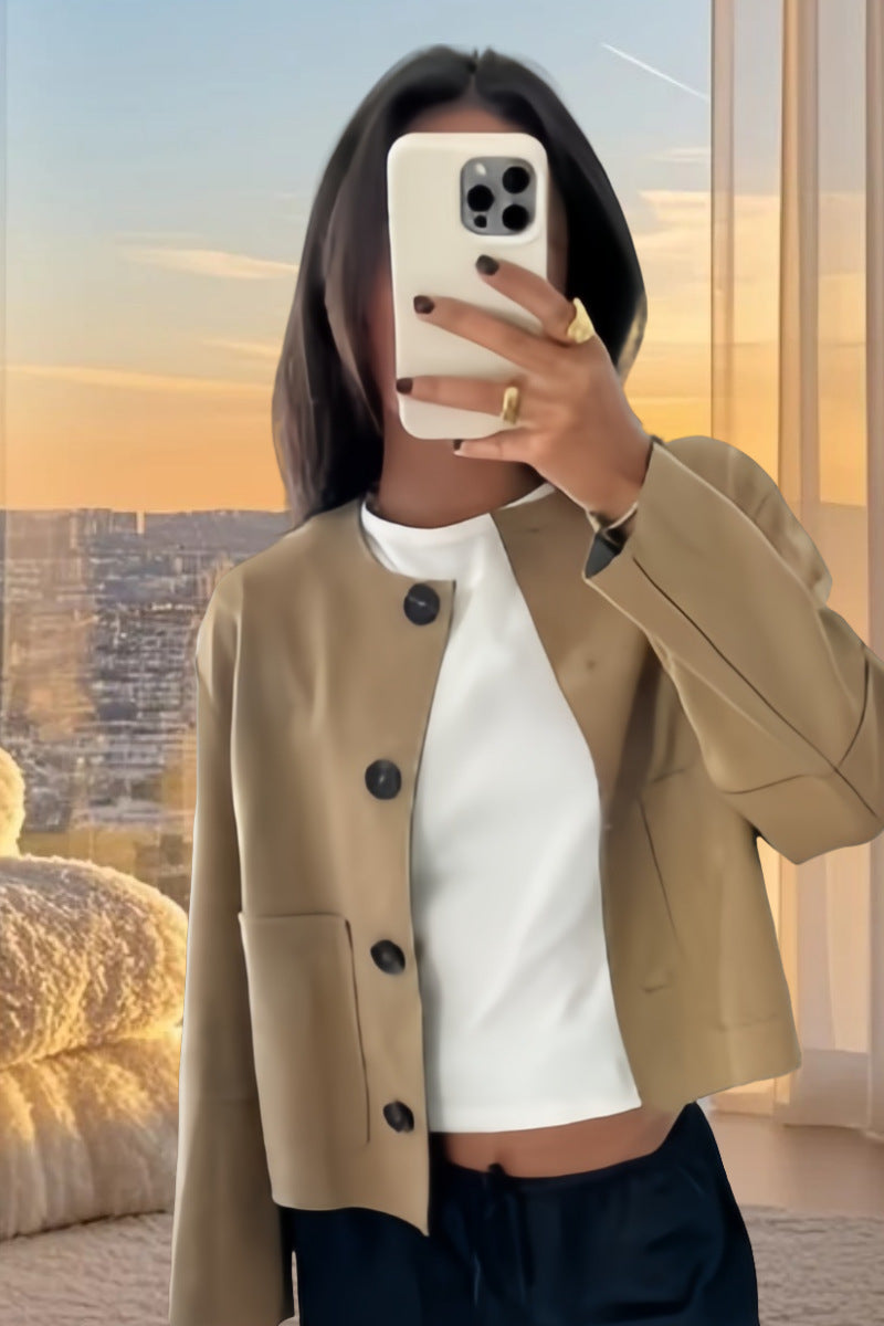 Damen modische Kurzjacke mit eleganten Knopfdetails und praktischen Taschen Drune